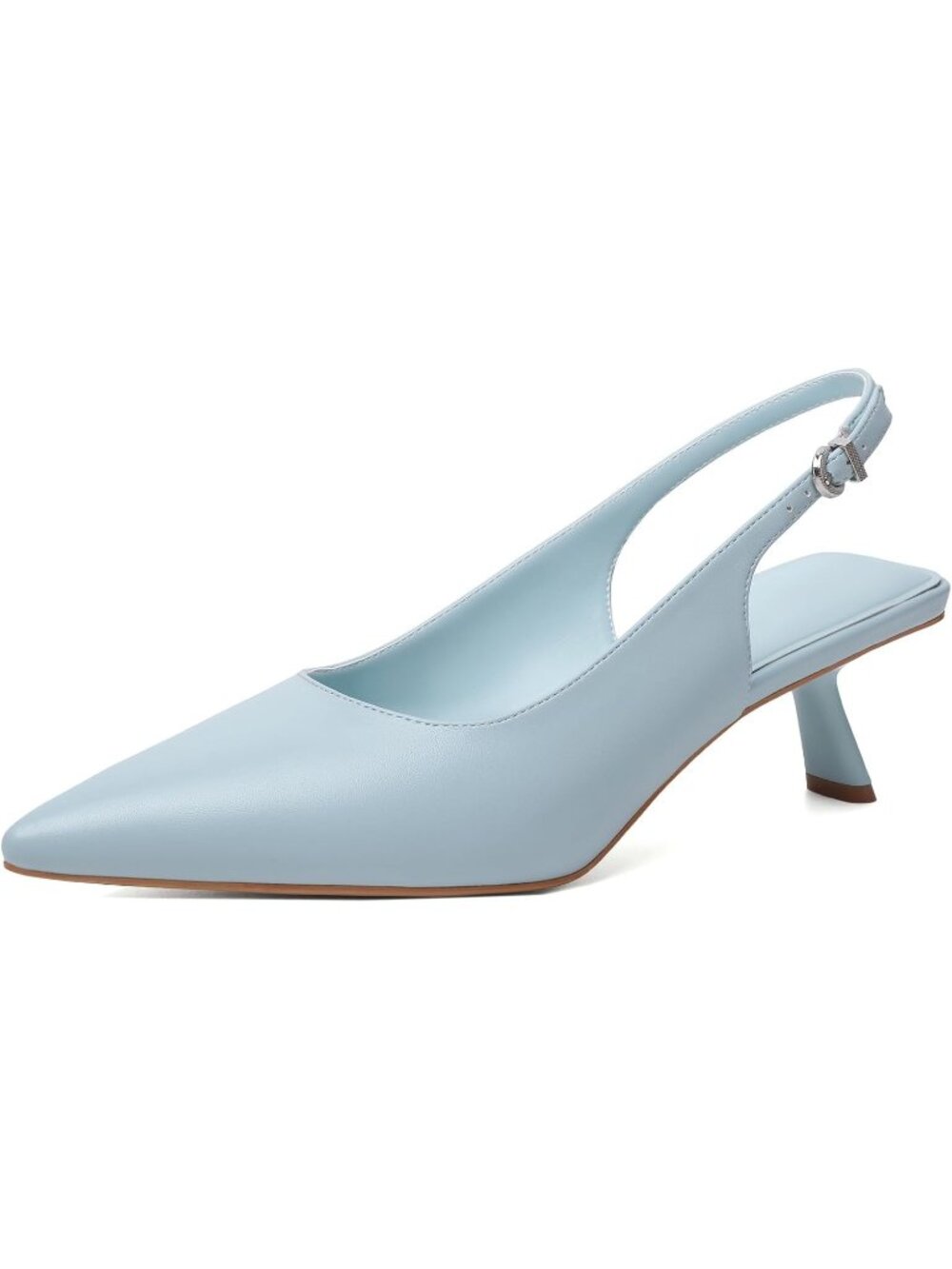 Women's Blue Faux Leather Pointed Toe Low Heel Slingback with Buckle Heel Pumps